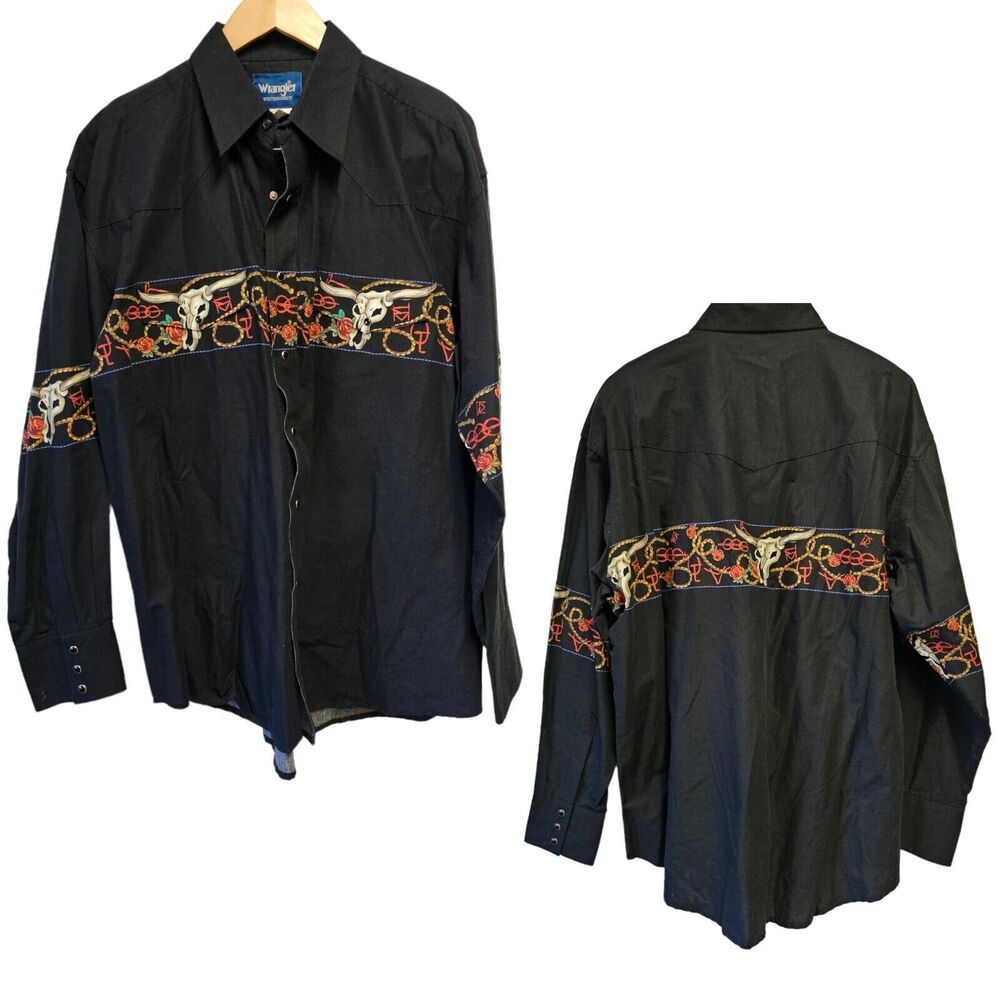 Vintage Wrangler Western Shirt Button Down Pearl Snap Rose‎ Bull Skull Horns XL